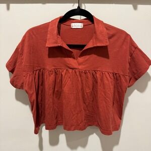 Altar'd State Women's Rust Orange Short Sleeve Collar Boxy‎ Top